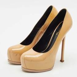 Saint Laurent Beige Patent Leather Tribtoo Platform Pumps Size 38.5