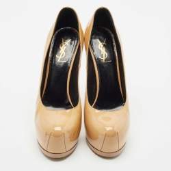 Saint Laurent Beige Patent Leather Tribtoo Platform Pumps Size 38.5