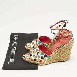 Saint Laurent Multicolor Fabric Raffia Wedge Sandals Size 37