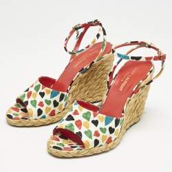 Saint Laurent Multicolor Fabric Raffia Wedge Sandals Size 37