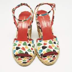 Saint Laurent Multicolor Fabric Raffia Wedge Sandals Size 37