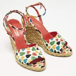 Saint Laurent Multicolor Fabric Raffia Wedge Sandals Size 37
