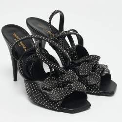 Saint Laurent Black Leather Pearls Embellished Ankle Wrap Sandals Size 40