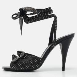 Saint Laurent Black Leather Pearls Embellished Ankle Wrap Sandals Size 40