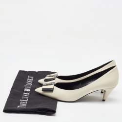 Saint Laurent Off White/Navy Blue Leather Anais YSL Bow Pumps Size 35.5