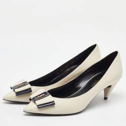 Saint Laurent Off White/Navy Blue Leather Anais YSL Bow Pumps Size 35.5