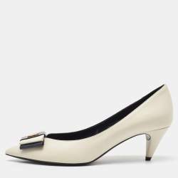 Saint Laurent Off White/Navy Blue Leather Anais YSL Bow Pumps Size 35.5
