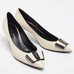 Saint Laurent Off White/Navy Blue Leather Anais YSL Bow Pumps Size 35.5