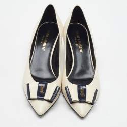 Saint Laurent Off White/Navy Blue Leather Anais YSL Bow Pumps Size 35.5