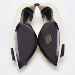 Saint Laurent Off White/Navy Blue Leather Anais YSL Bow Pumps Size 35.5