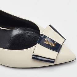 Saint Laurent Off White/Navy Blue Leather Anais YSL Bow Pumps Size 35.5