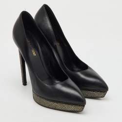 Saint Laurent Black Leather Janis Pointed Toe Platform Pumps Size 40