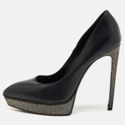 Saint Laurent Black Leather Janis Pointed Toe Platform Pumps Size 40