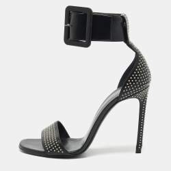 Pre Owned Saint Laurent Black Leather Embellished Ankle Strap Sandals Size 39.5