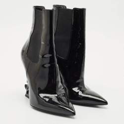 Saint Laurent Black Patent Leather Opyum Pointed Toe Ankle Boots Size 37