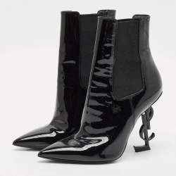 Saint Laurent Black Patent Leather Opyum Pointed Toe Ankle Boots Size 37