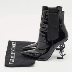 Saint Laurent Black Patent Leather Opyum Pointed Toe Ankle Boots Size 37
