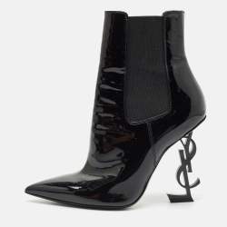 Saint Laurent Black Patent Leather Opyum Pointed Toe Ankle Boots Size 37