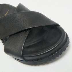 Pre Owned Saint Laurent Black Leather Crisscross Flat Slides Size 39