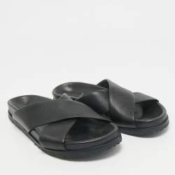 Pre Owned Saint Laurent Black Leather Crisscross Flat Slides Size 39