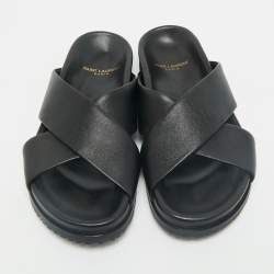Pre Owned Saint Laurent Black Leather Crisscross Flat Slides Size 39