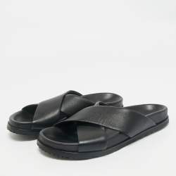 Pre Owned Saint Laurent Black Leather Crisscross Flat Slides Size 39