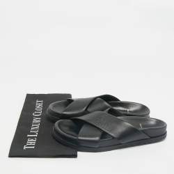 Pre Owned Saint Laurent Black Leather Crisscross Flat Slides Size 39