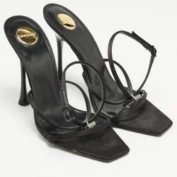 Saint Laurent Black Satin Harlow Crystals Ankle Strap Sandals Size 39