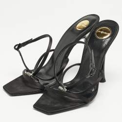 Saint Laurent Black Satin Harlow Crystals Ankle Strap Sandals Size 39