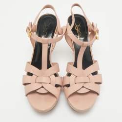 Saint Laurent Beige Leather Tribute Platform Sandals Size 37.5