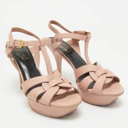 Saint Laurent Beige Leather Tribute Platform Sandals Size 37.5