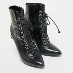 Pre Owned Saint Laurent Black Leather Fetish Ankle Booties Size 37.5