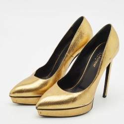 Saint Laurent Gold Leather Pointed Toe Janis Platform Pumps Size 40