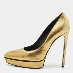 Saint Laurent Gold Leather Pointed Toe Janis Platform Pumps Size 40