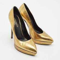 Saint Laurent Gold Leather Pointed Toe Janis Platform Pumps Size 40