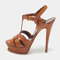 Saint Laurent Brown Leather Tribute Platform Sandals Size 36