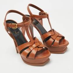 Saint Laurent Brown Leather Tribute Platform Sandals Size 36