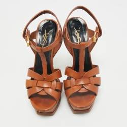 Saint Laurent Brown Leather Tribute Platform Sandals Size 36