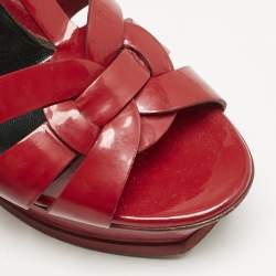 Pre Owned Saint Laurent Red Patent Leather Tribute Platform Sandals Size 38.5