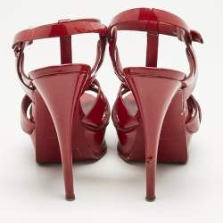 Pre Owned Saint Laurent Red Patent Leather Tribute Platform Sandals Size 38.5
