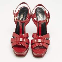 Pre Owned Saint Laurent Red Patent Leather Tribute Platform Sandals Size 38.5