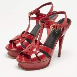 Pre Owned Saint Laurent Red Patent Leather Tribute Platform Sandals Size 38.5