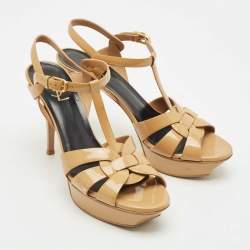 Saint Laurent Beige Patent Leather Tribute Ankle Strap Sandals Size 41.5