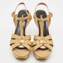 Saint Laurent Beige Patent Leather Tribute Ankle Strap Sandals Size 41.5