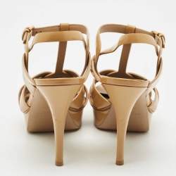 Saint Laurent Beige Patent Leather Tribute Ankle Strap Sandals Size 41.5