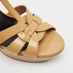Saint Laurent Beige Patent Leather Tribute Ankle Strap Sandals Size 41.5