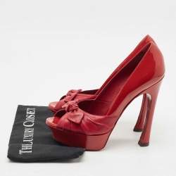 Pre Owned Saint Laurent Red Patent and Leather Palais Bow Peep Toe Pumps Size 39.5