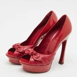 Pre Owned Saint Laurent Red Patent and Leather Palais Bow Peep Toe Pumps Size 39.5