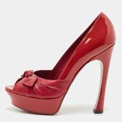 Saint Laurent Red Patent and Leather Palais Bow Peep Toe Pumps Size 39.5