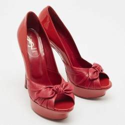 Pre Owned Saint Laurent Red Patent and Leather Palais Bow Peep Toe Pumps Size 39.5
